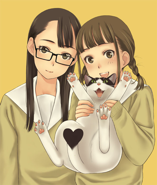 :d, bangs, black_hair, braid, brown_eyes, brown_hair, bust, cat