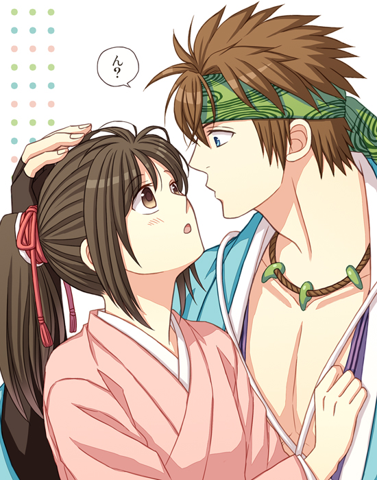 1girl, :o, blue_eyes, blush, brown_eyes, brown_hair, couple, hakuouki_shinsengumi_kitan