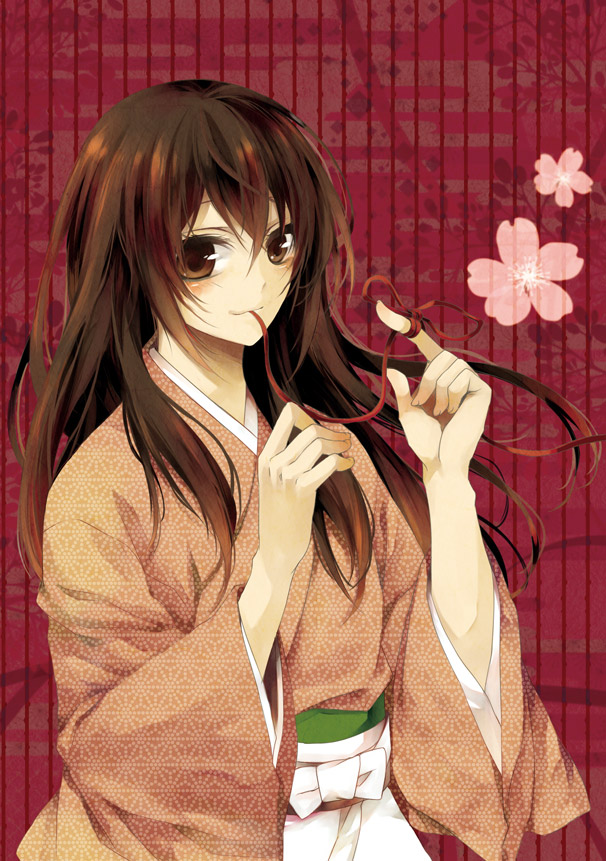alternate_hairstyle, brown_eyes, brown_hair, hakuouki_shinsengumi_kitan, japanese_clothes, kainesato, long_hair, mouth_hold, ribbon, smile, solo, yukimura_chizuru