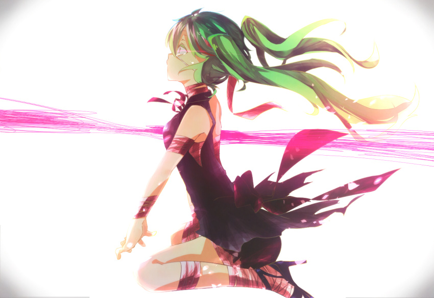 aka_tonbo_(lililil), bandages, green_eyes, green_hair, hatsune_miku, headphones, high_heels, kneeling
