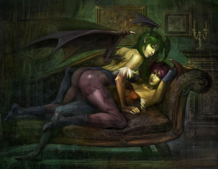 ass, bare_shoulders, bat_wings, boots, candelabra, chong_feigiap, demon_girl, fingerless_gloves