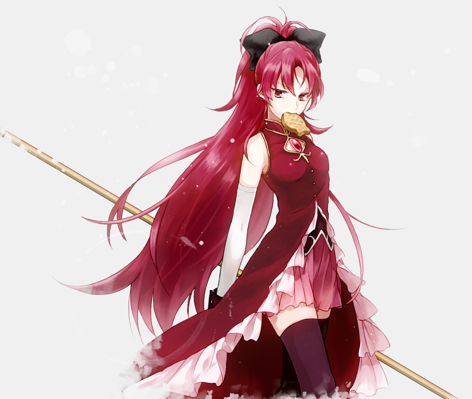 elbow_gloves, food, gloves, hair_ribbon, lance, long_hair, magical_girl, mahou_shoujo_madoka_magica