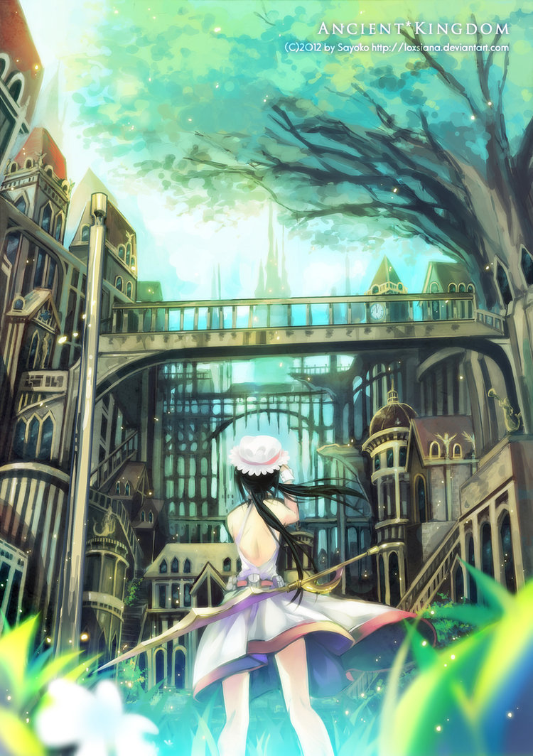 bottomless, bridge, building, castle, city, dress, flower, foreshortening