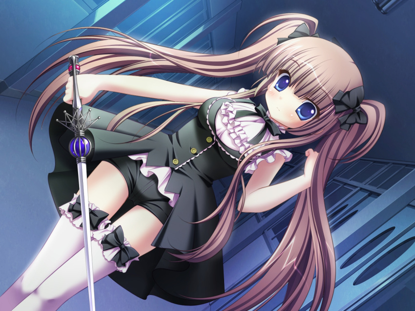 blue_eyes, brown_hair, derivara!, game_cg, kujou_aya, sword, twintails, weapon