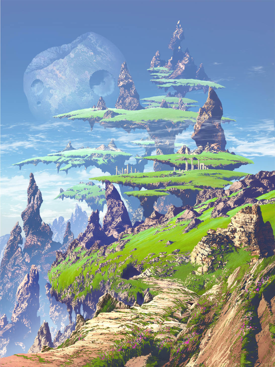 column, grass, highres, landscape, magewappa_z, moon, mountain, no_humans, original, pillar, ruins