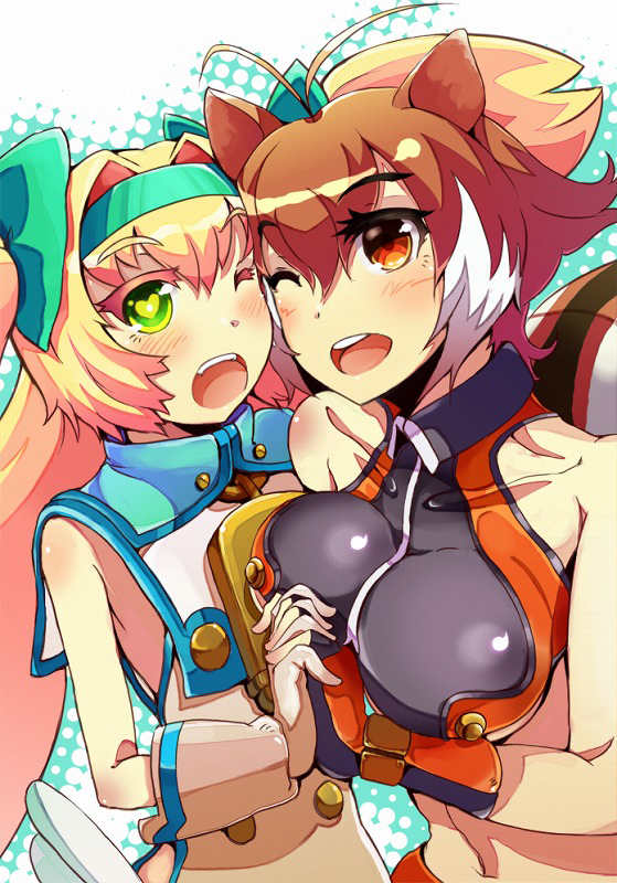 ;d, ahoge, animal_ears, asymmetrical_docking, blazblue, blonde_hair, breast_press, breasts