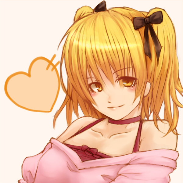 bare_shoulders, blonde_hair, blush, bress, hair_ribbon, hakurou, heart, josou_sanmyaku
