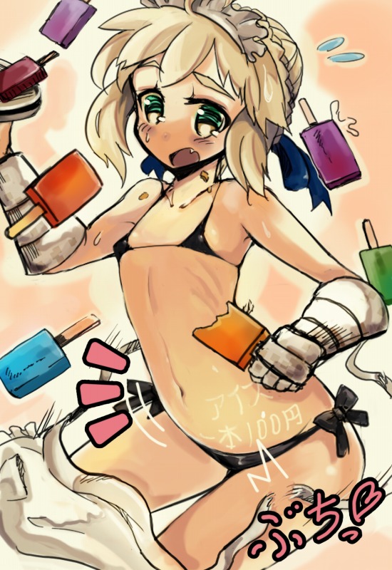 apron, bikini, blonde_hair, fang, fate/stay_night, fate/zero, fate_(series), gauntlets