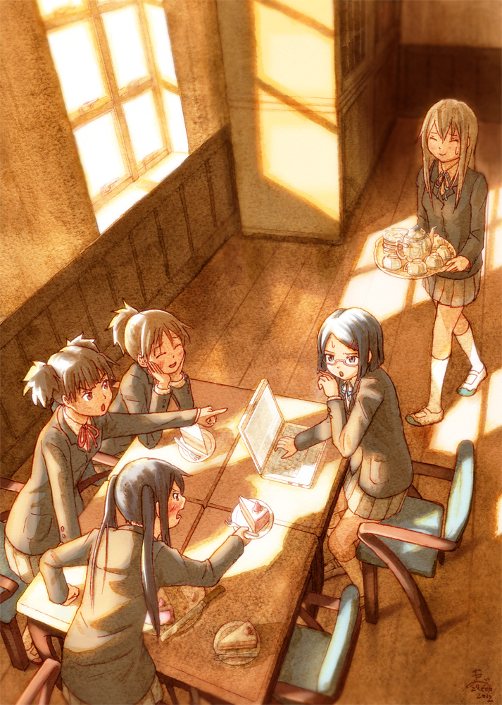 black_hair, blonde_hair, blue_eyes, brown_eyes, brown_hair, cake, chair, commentary