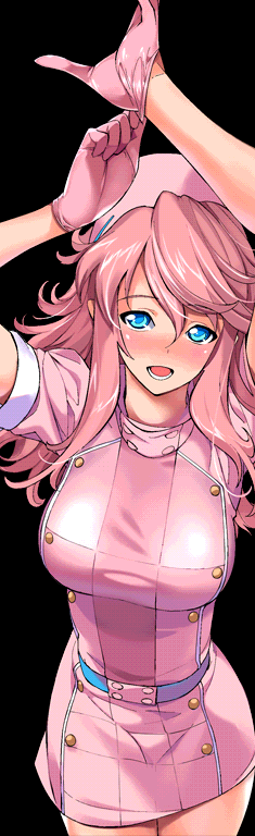 arm_up, artist_request, blue_eyes, blush, breasts, gloves, hat, long_hair, media_(quiz_magic_academy), nurse, nurse_cap, open_mouth, pink_hair, quiz_magic_academy, wavy_hair