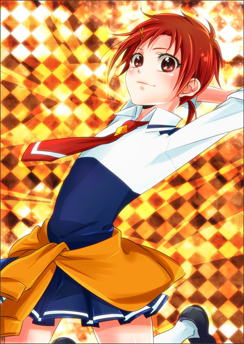 argyle, argyle_background, bad_id, footwear, hino_akane, nayuta_(charinkoo), orange_background, precure