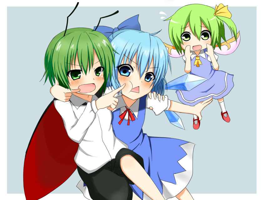3girls, :<, antennae, blue_eyes, blue_hair, blush, bow, cape
