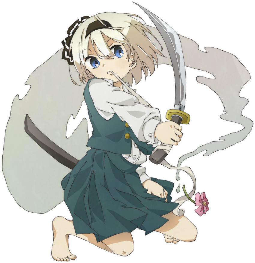 bad_id, bandage, bandages, barefoot, biting, blue_eyes, dress, dress_shirt