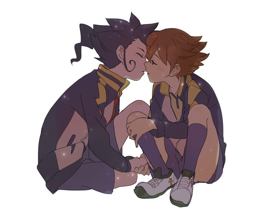blue_eyes, blue_hair, brown_hair, closed_eyes, eyes_closed, inazuma_eleven, inazuma_eleven_(series), inazuma_eleven_go, incipient_kiss, long_hair, male, matsukaze_tenma, mezasi, multiple_boys, open_mouth, short_hair, sitting, tsurugi_kyousuke, yaoi