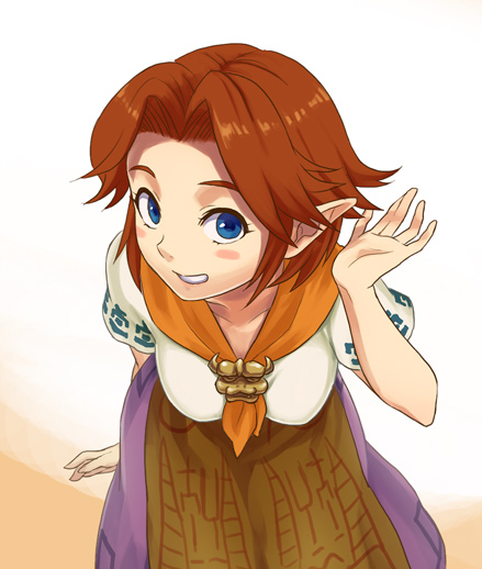 alternate_hair_length, alternate_hairstyle, bad_id, bent_over, blue_eyes, blush_stickers, brown_hair, grin