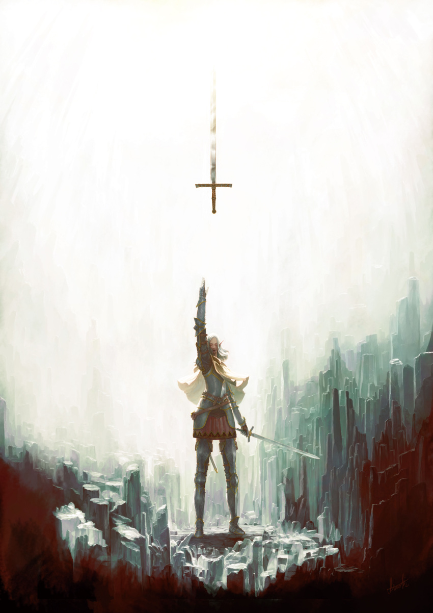 androgynous, arm_up, armor, cape, cave, closed_eyes, elf, eyes_closed