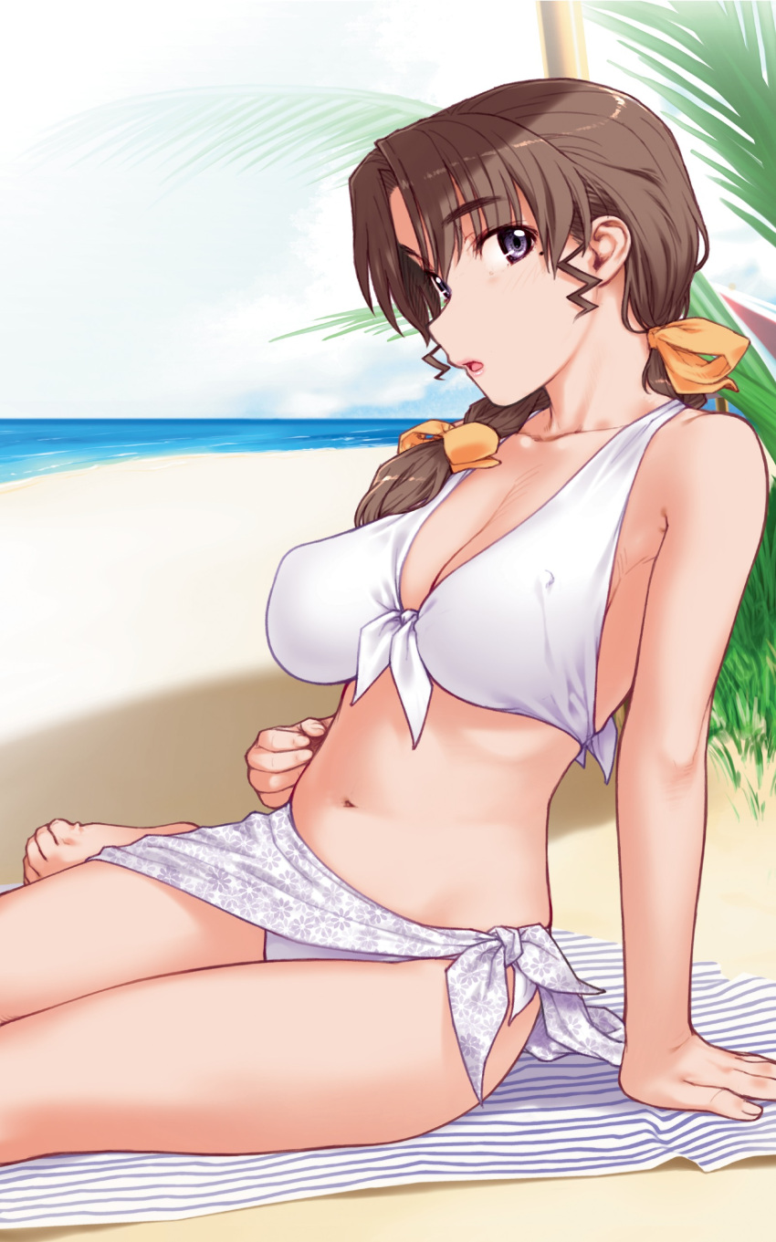 :o, absurdres, beast, bikini, black_eyes, blanket, breasts, brown_hair