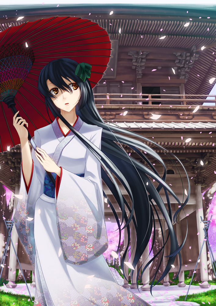 1girl, architecture, black_hair, brown_eyes, din_(flypaper), east_asian_architecture, japanese_clothes, kimono, long_hair, looking_away, open_mouth, oriental_umbrella, original, petals, solo, umbrella, wind