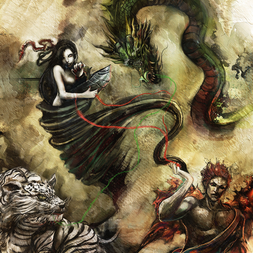 1girl, angry, bccp, black_eyes, black_hair, breasts, dragon, fighting