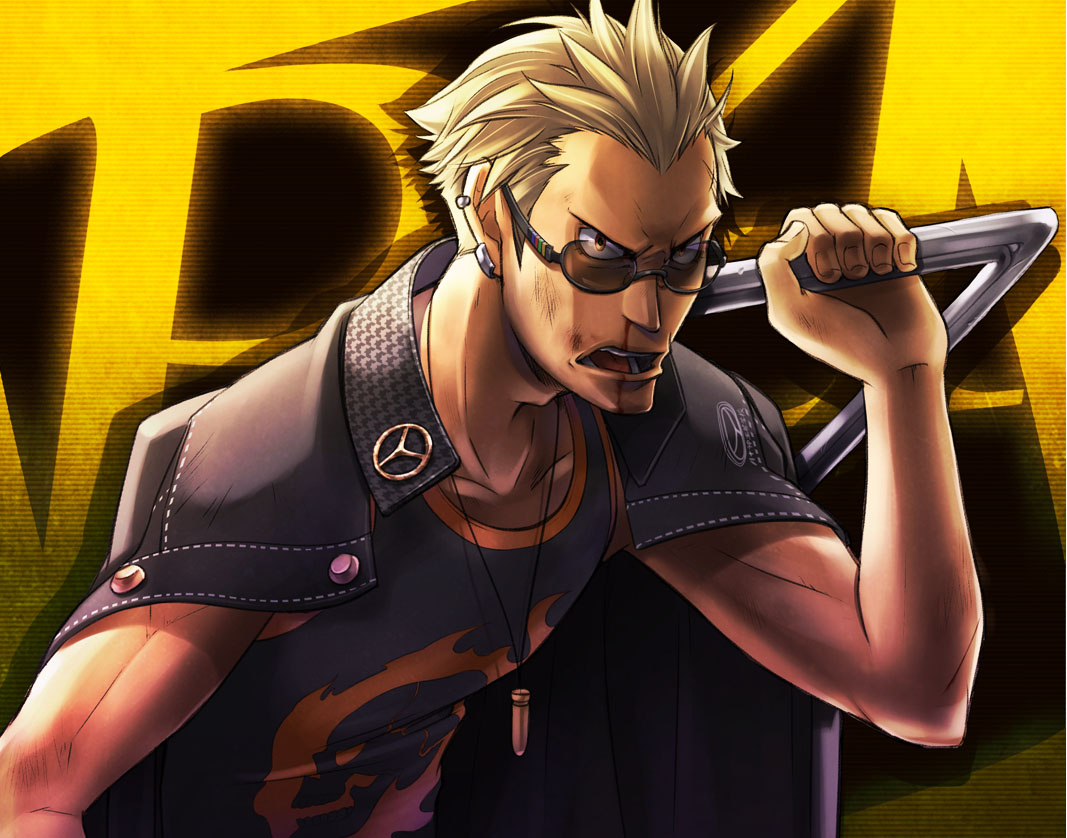 angry, blonde_hair, blood, bloody_nose, bruise, bullet, bust, chair, choumoku_(toriko_b_c), fire, injury, jacket, jacket_on_shoulders, jacket_over_shoulders, looking_at_viewer, male, muscle, nosebleed, open_mouth, persona, persona_4, piercing, short_hair, skull, sleeveless, sleeveless_shirt, solo, standing, sunglasses, tatsumi_kanji, title_drop, widow's_peak, widow's_peak, yellow_eyes