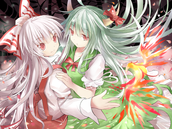 fire, fujiwara_no_mokou, green_hair, kamishirasawa_keine, pairs, pixiv_thumbnail, ribbon, touhou, white_hair
