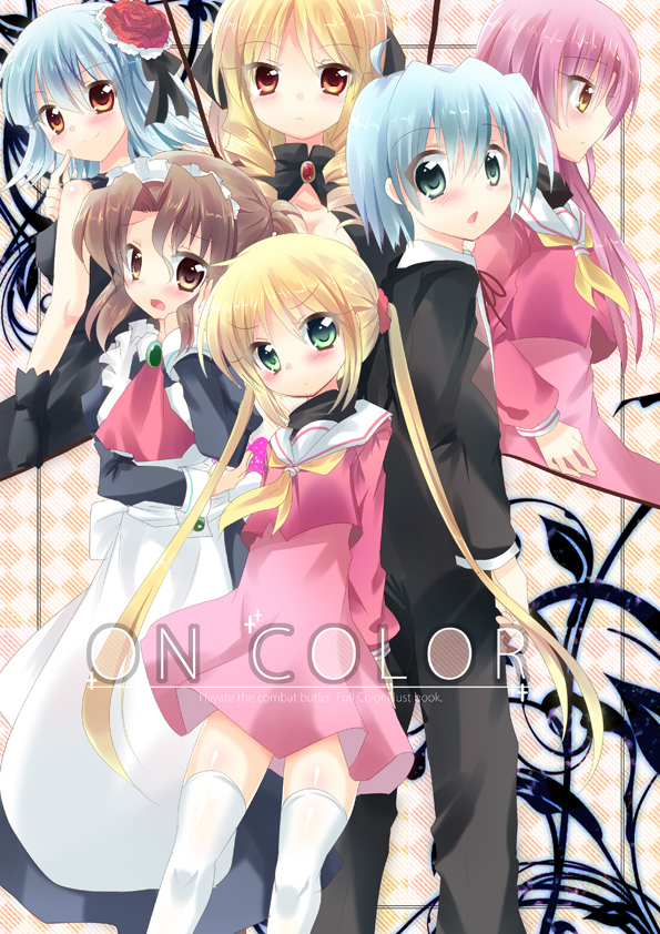5girls, back-to-back, blonde_hair, blue_eyes, blue_hair, brown_hair, butler, green_eyes
