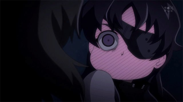 animated_gif, blinking, blush, brown_hair, eyepatch, long_hair, mirai_nikki, nishijima_masumi, purple_eyes, purple_hair, uryuu_minene, violet_eyes