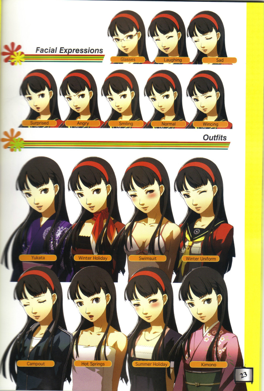 1girl, amagi_yukiko, angry, bangs, black_eyes, black_hair, breasts, cleavage, closed_eyes, eyelashes, eyes_closed, glasses, hairband, happy, highres, japanese_clothes, kimono, laughing, lips, long_hair, looking_at_viewer, persona, persona_4, sad, sailor, scarf, school_uniform, smile, soejima_shigenori, solo, surprised, swimsuit, towel, two_piece_swimsuit, wink
