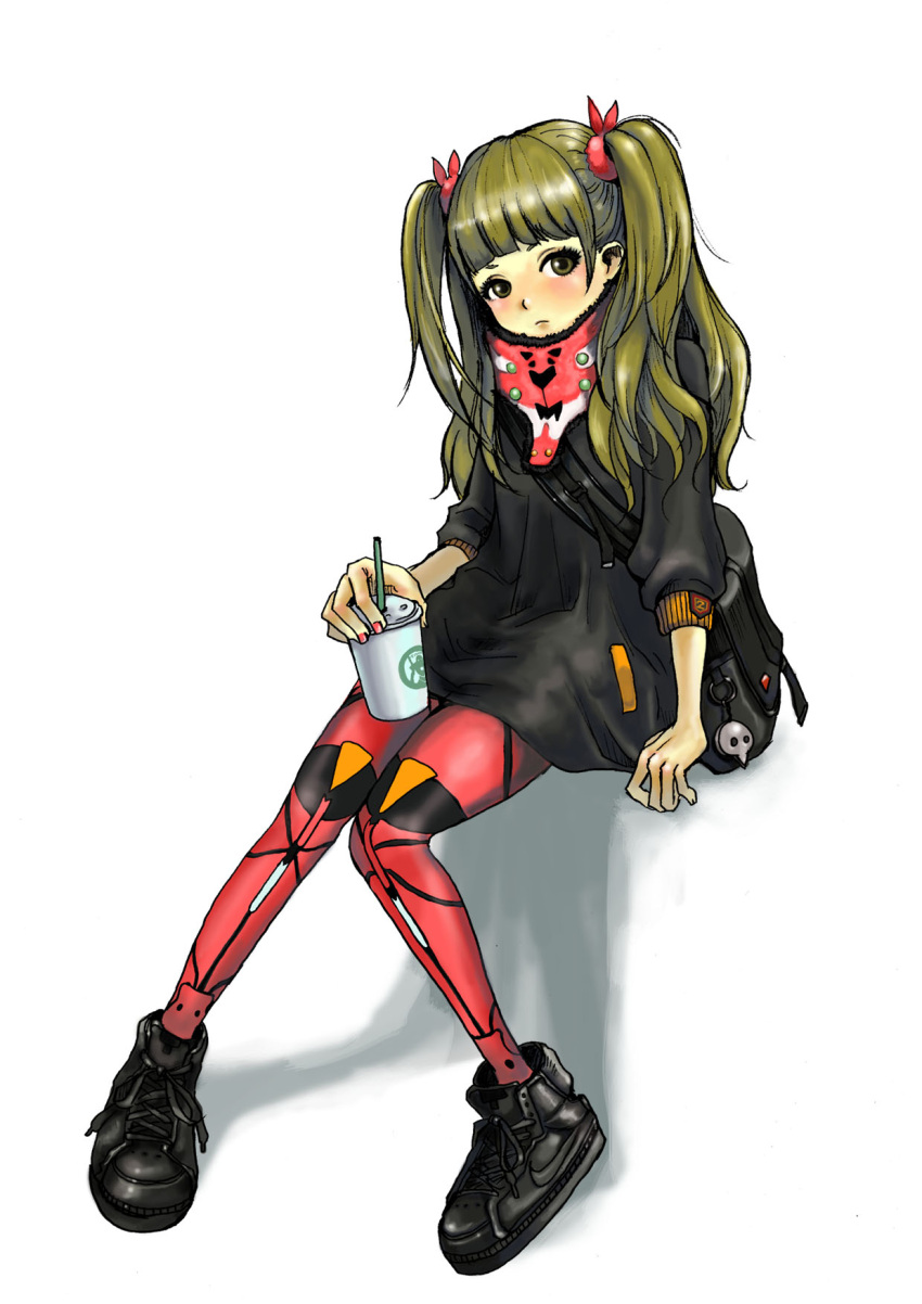 bag, blonde_hair, blush, brand_name_imitation, casual, eva_02, eyelashes, hair_ribbon, highres, knees_together_feet_apart, nail_polish, neon_genesis_evangelion, nike, pantyhose, print_legwear, print_pantyhose, ribbon, riry, sachiel_(cameo), satchel, shoes, sitting, sneakers, solo, soryu_asuka_langley, souryuu_asuka_langley, starbucks, twintails, yellow_eyes