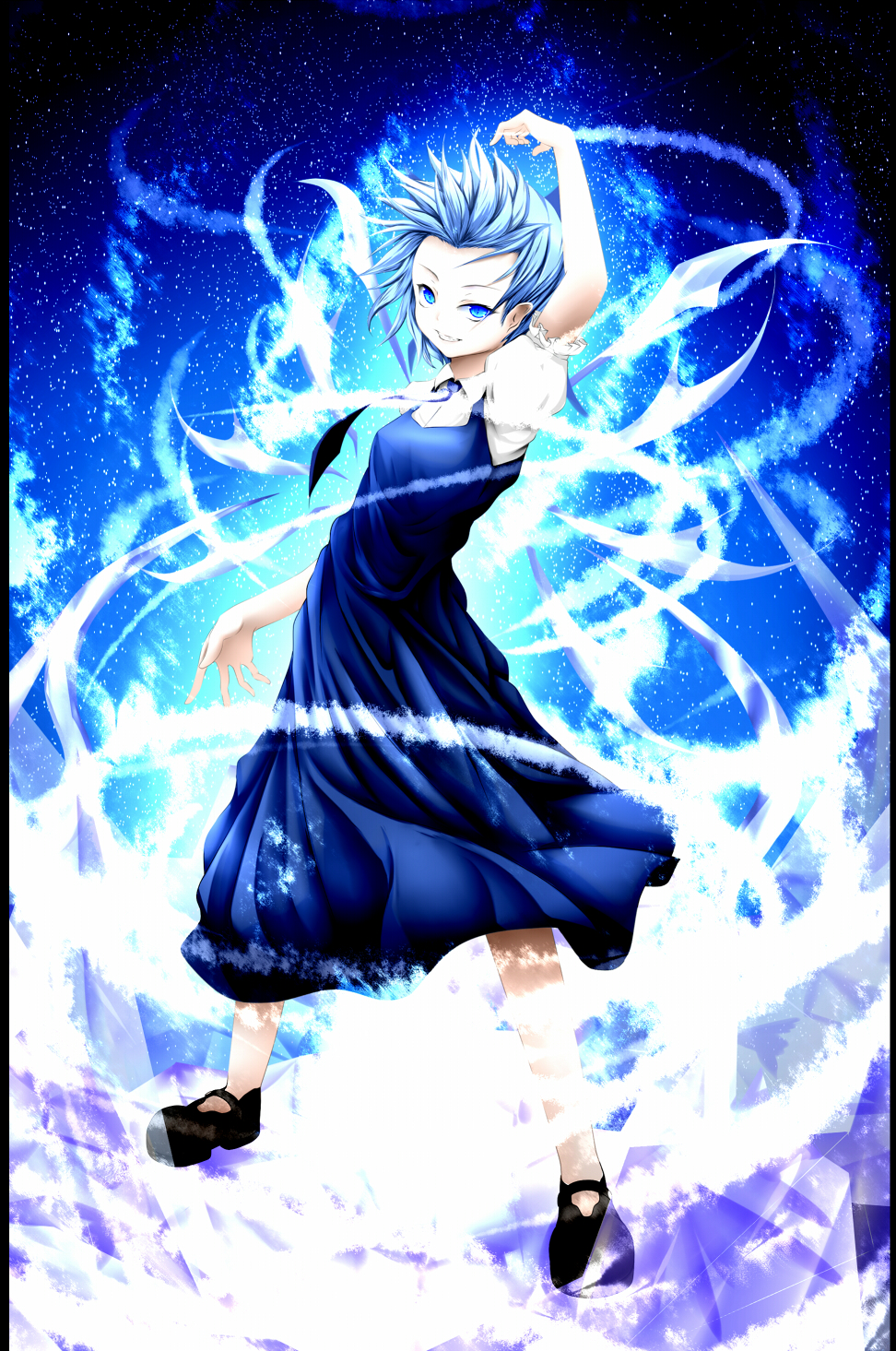 arm_up, blue, blue_dress, blue_eyes, blue_hair, cirno, dress, forehead