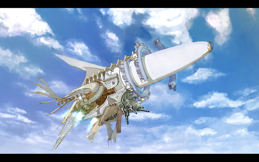 cloud, clouds, dirigible, flying, letterboxed, no_humans, r.s.r., science_fiction