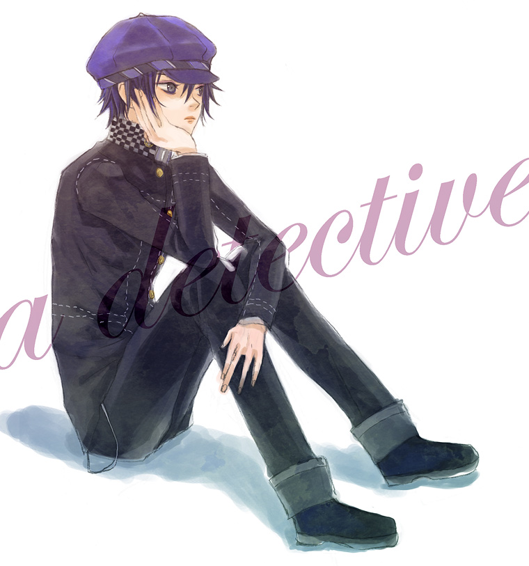 androgynous, blue_eyes, blue_hair, cabbie_hat, chin_rest, crossdressinging, female, hand_on_another's_face