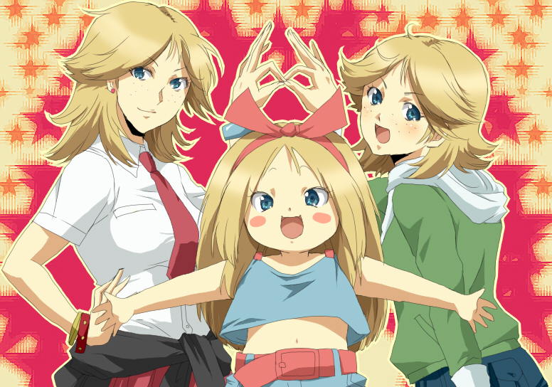 3girls, :d, belt, blonde_hair, blue_eyes, blush_stickers, bracelet, child