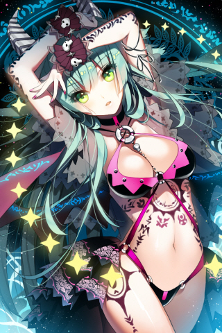 arms_up, bare_legs, bikini, bracelet, breasts, cherrypin, choker, cleavage