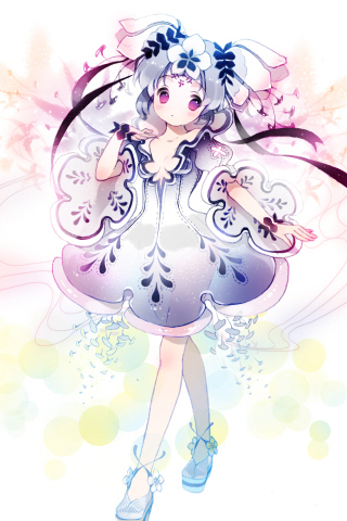 arm_up, artist_request, bangs, bare_legs, blush, collarbone, dress, flower