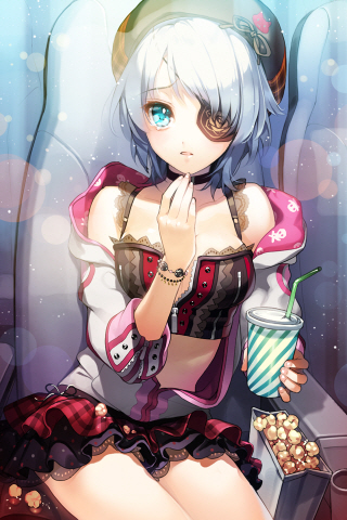 arm_up, armchair, bare_shoulders, blue_eyes, bracelet, bustier, cat, cherrypin