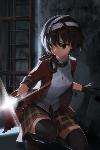 asmis_hara, bandages, black_hair, black_legwear, blazer, darkness, dress_shirt, flashlight