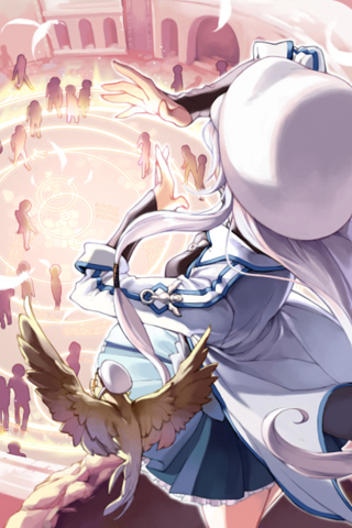 arms_up, artist_request, beak, bird, eisenwane, frilled_skirt, hat, jacket