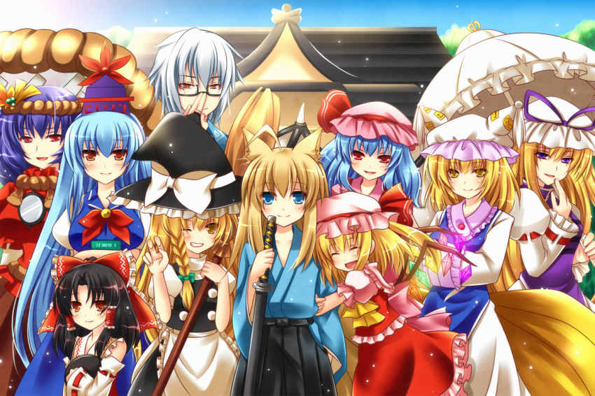 6+girls, ahoge, animal_ears, blonde_hair, blue_hair, brown_hair, character_request, east_asian_architecture