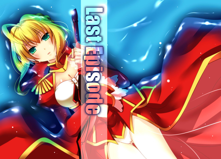 aestus_estus, ahoge, blonde_hair, breasts, cleavage, dress, epaulettes, fate/extra