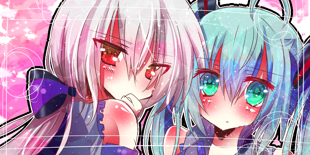 aqua_hair, blush, green_eyes, hatsune_miku, looking_back, multiple_girls, potten, red_eyes