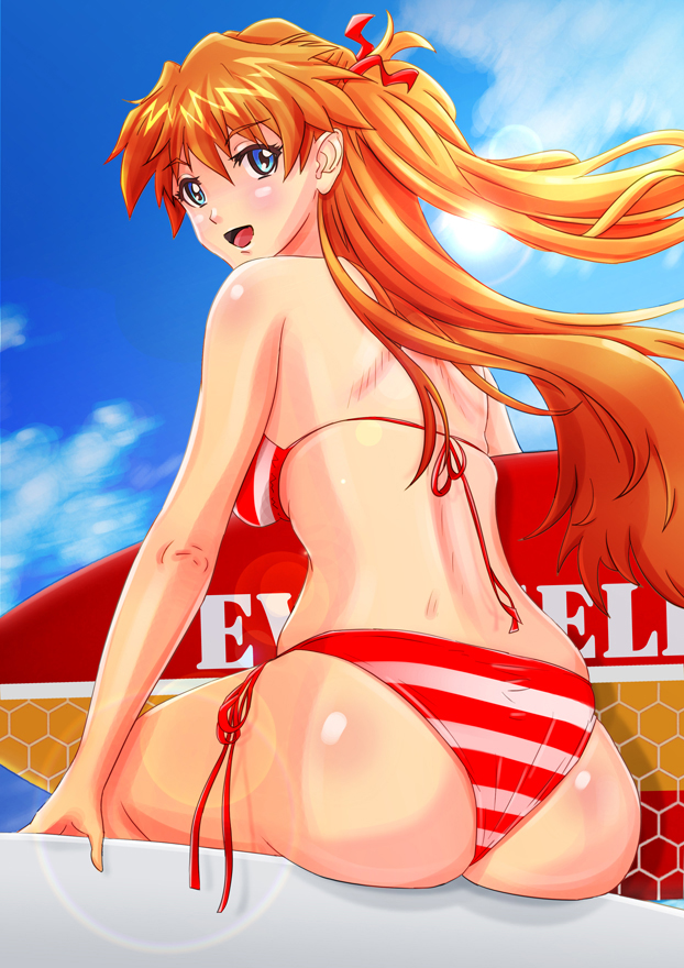 bikini, blue_eyes, blush, jeibii, lens_flare, long_hair, looking_back, neon_genesis_evangelion, open_mouth, orange_hair, side-tie_bikini, smile, soryu_asuka_langley, souryuu_asuka_langley, striped, striped_bikini, striped_swimsuit, sun, surfboard, swimsuit