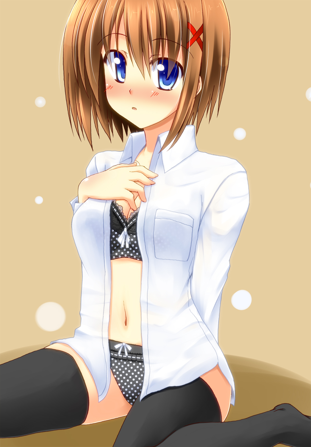 blush, bra, breasts, cleavage, dress_shirt, hair_ornament, hairclip, highres