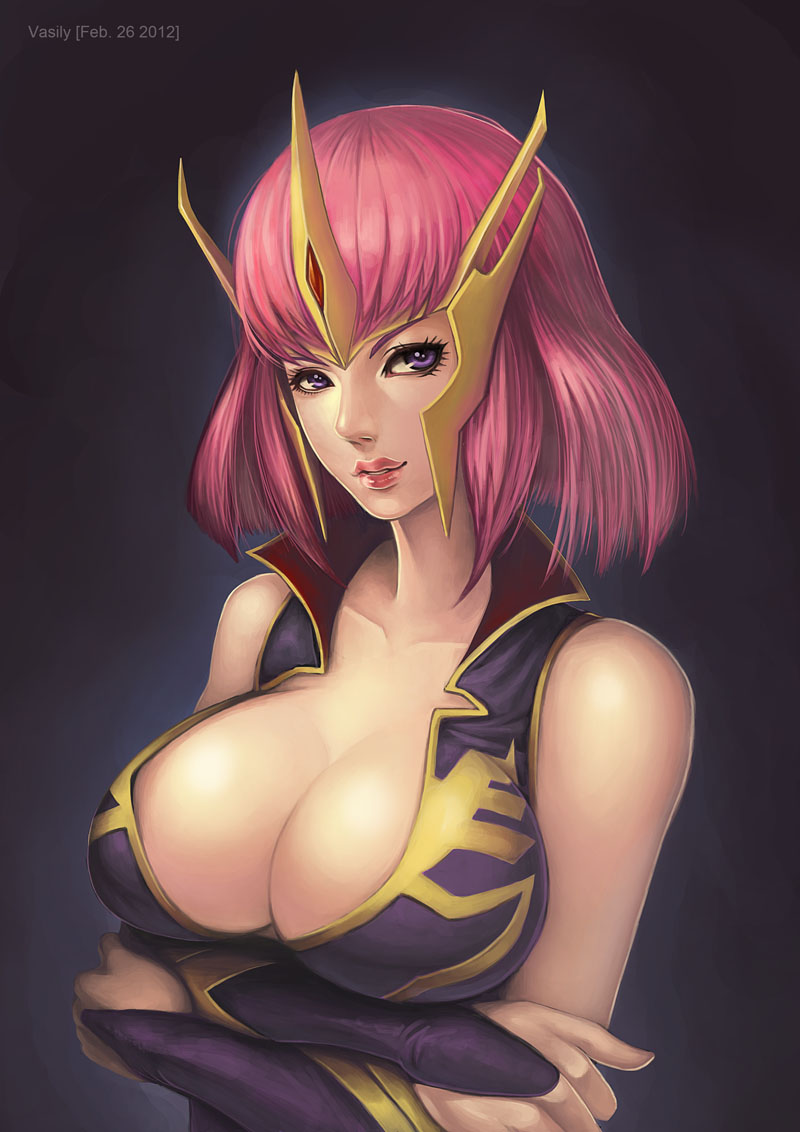 2012, artist_request, bare_shoulders, breast_hold, breasts, bridal_gauntlets, cleavage, crossed_arms