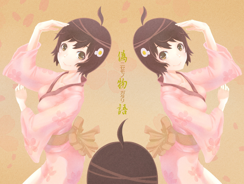 ant_(fenixant), araragi_koyomi, araragi_tsukihi, black_hair, brown_eyes, fried_egg, hair_ornament, japanese_clothes