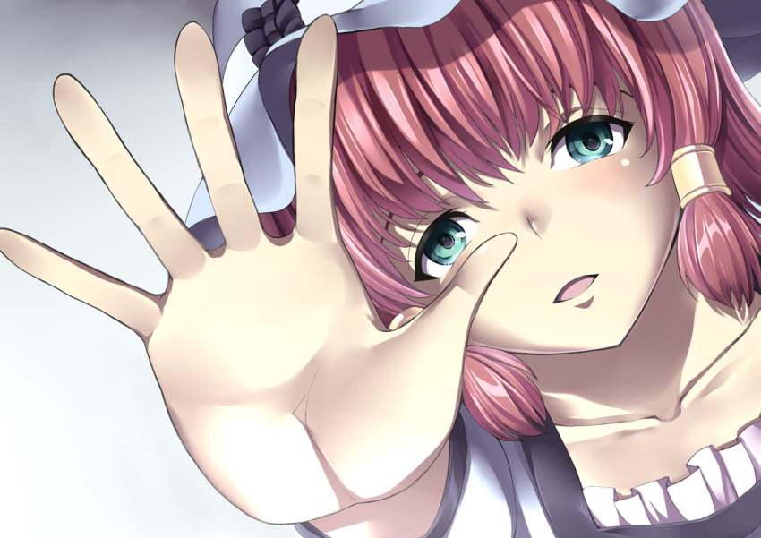 character_request, cosplay, dairiseki, green_eyes, hair_tubes, hands, hat, open_mouth