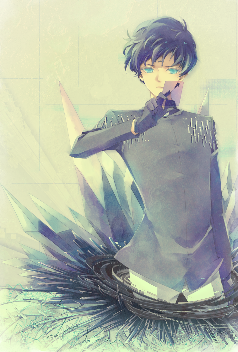 bishoujo_senshi_sailor_moon, black_hair, black_moon_clan, blue_eyes, card, crescent, facial_mark, forehead_mark