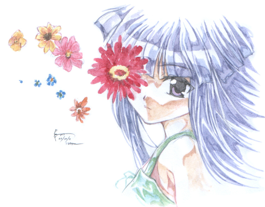 blue_hair, dated, face, flower, furude_rika, higurashi_no_naku_koro_ni, nick-ian, one-eyed, signature, solo, traditional_media