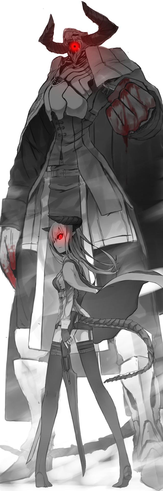 belt, blood, boots, cape, clenched_hand, fist, glowing, glowing_eyes, gunblade, highres, horns, long_hair, monster, open_mouth, original, pointy_ears, profile, red_eyes, shirogane_usagi, tail, thigh-highs, thigh_boots, thighhighs, weapon