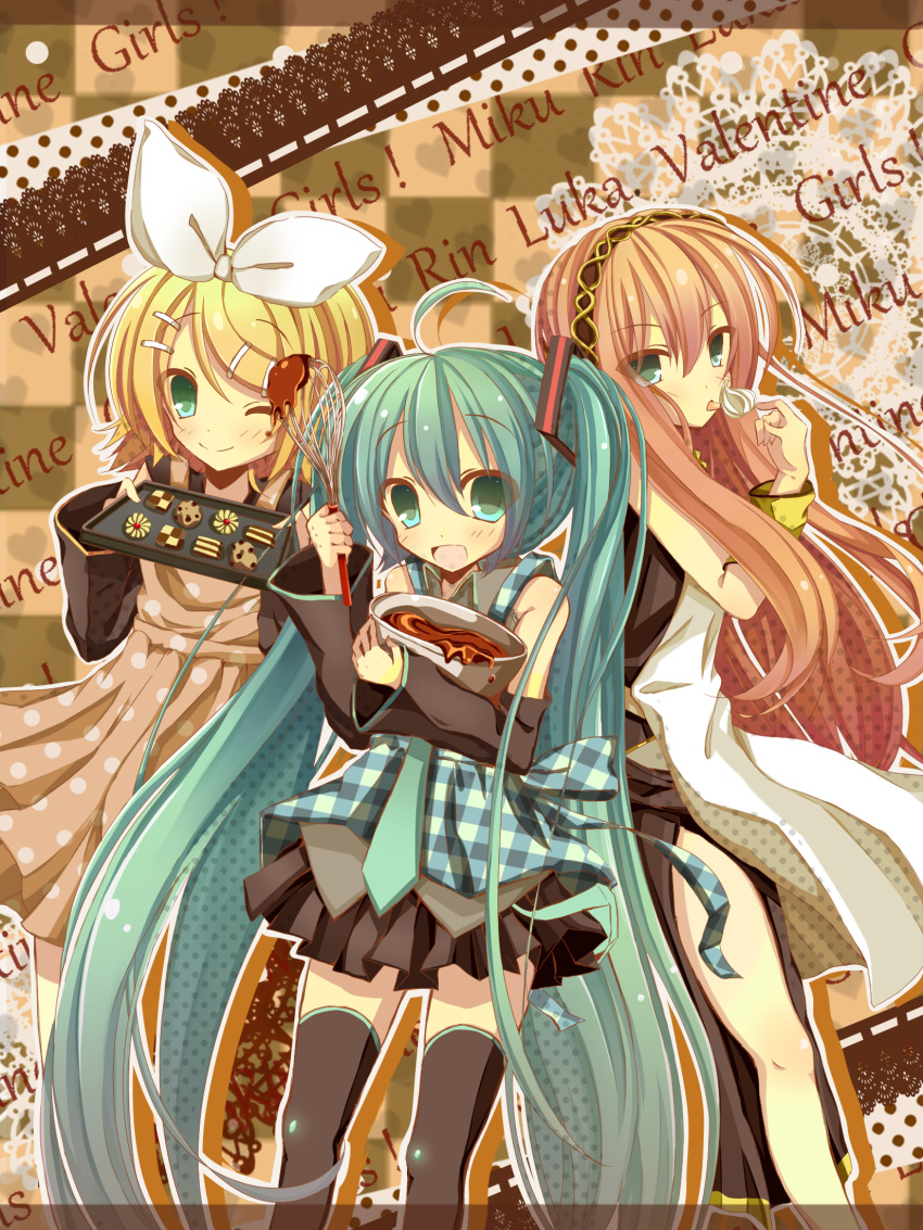 ahoge, apron, blonde_hair, bowl, character_name, cookie, detached_sleeves, food